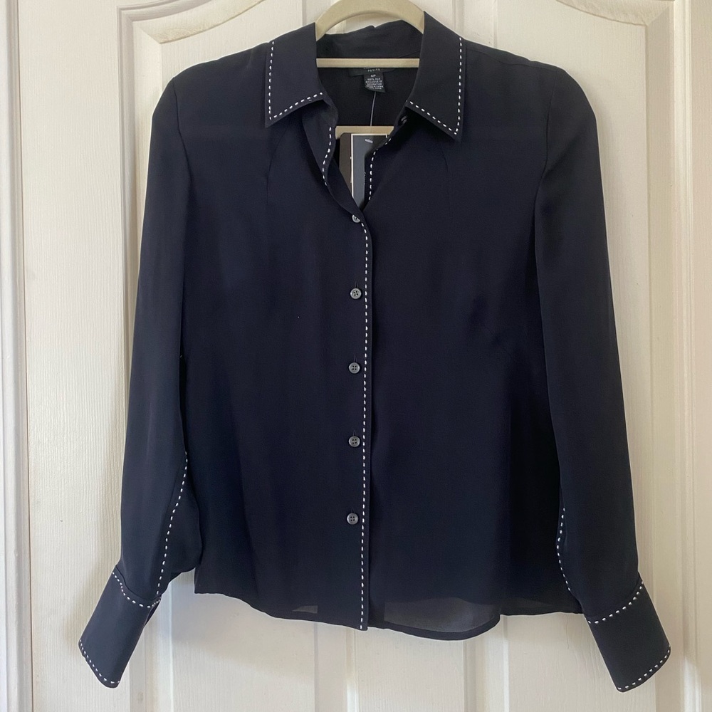 Alfani Petite 100% Silk Button-Up Blouse in Black